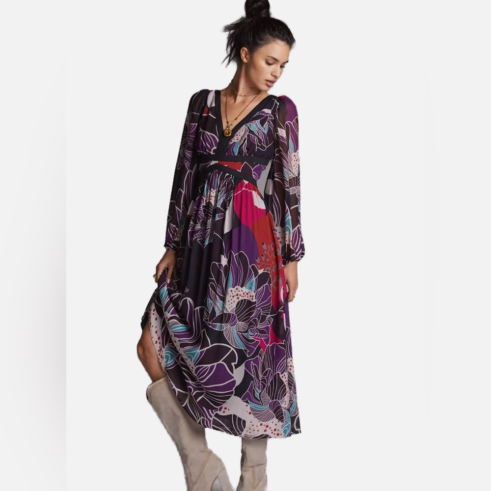 Anthropologie Let Me Be Floral Midi Dress Size 1X‎ Black Purple NWT Flaws